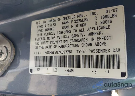 2007 Honda Accord 2.4 Ex из США, поврежденный, VIN 1HGCM56787A097781